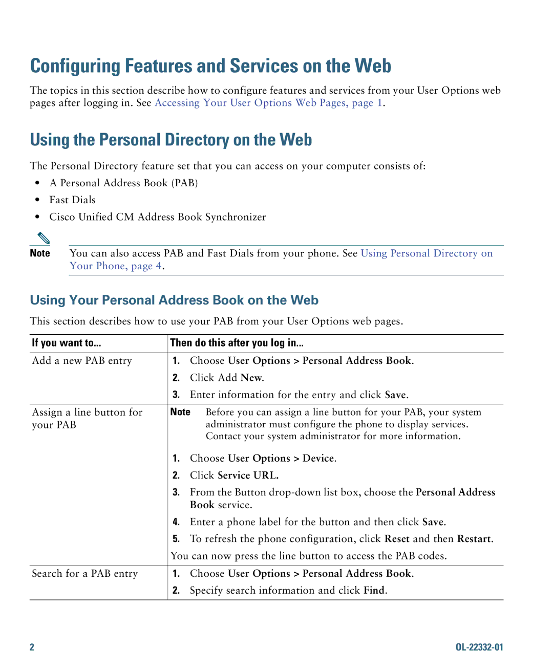 Cisco Systems 7970G, 7975G manual Configuring Features and Services on the Web, Using the Personal Directory on the Web 