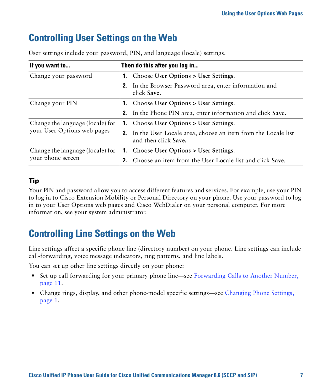 Cisco Systems 7975G, 7970G manual Controlling User Settings on the Web, Controlling Line Settings on the Web 