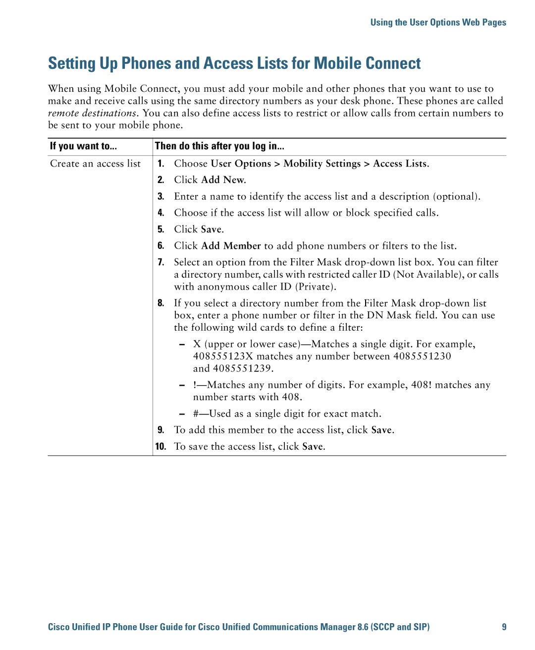 Cisco Systems 7975G, 7970G manual Setting Up Phones and Access Lists for Mobile Connect 