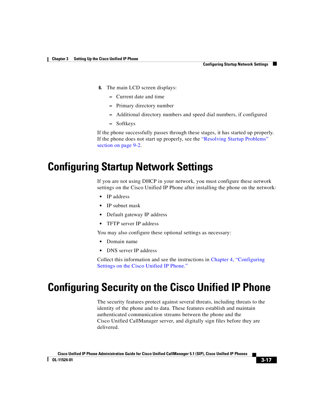 Cisco Systems 7970G manual Configuring Startup Network Settings, Settings on the Cisco Unified IP Phone 