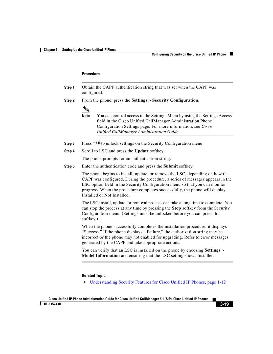 Cisco Systems 7970G manual Procedure, From the phone, press the Settings Security Configuration 