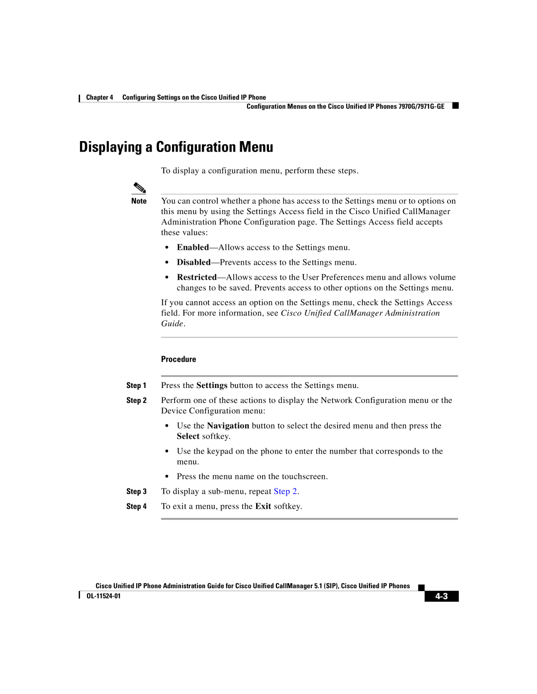 Cisco Systems 7970G manual Displaying a Configuration Menu, Procedure 