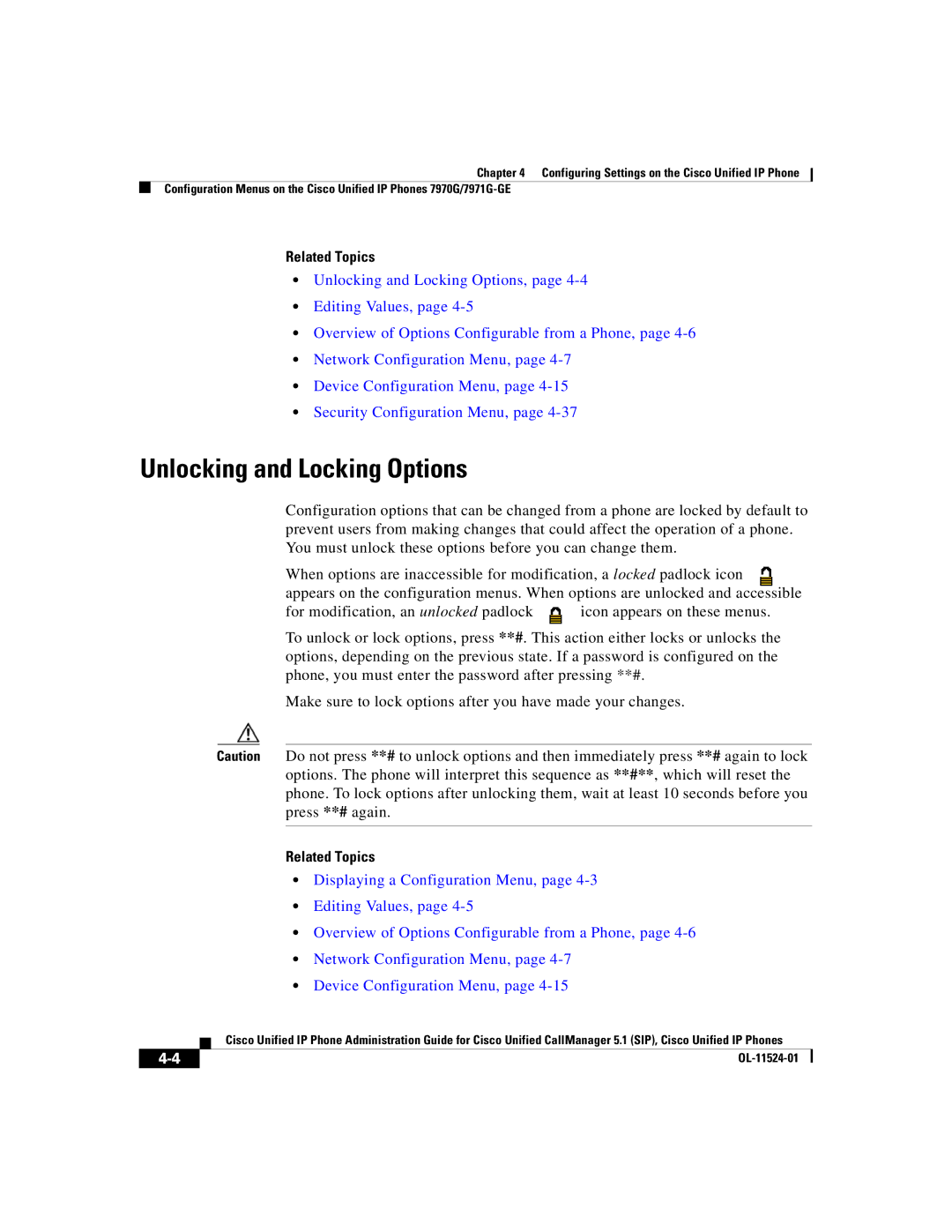 Cisco Systems 7970G manual Unlocking and Locking Options 