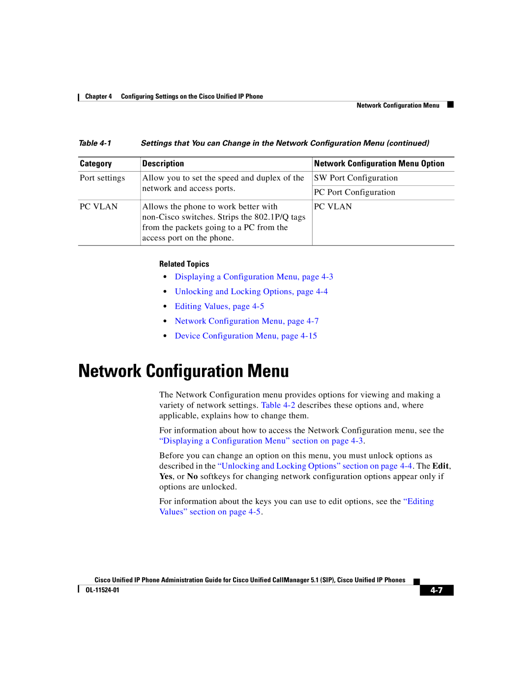 Cisco Systems 7970G manual Network Configuration Menu, Values section on 