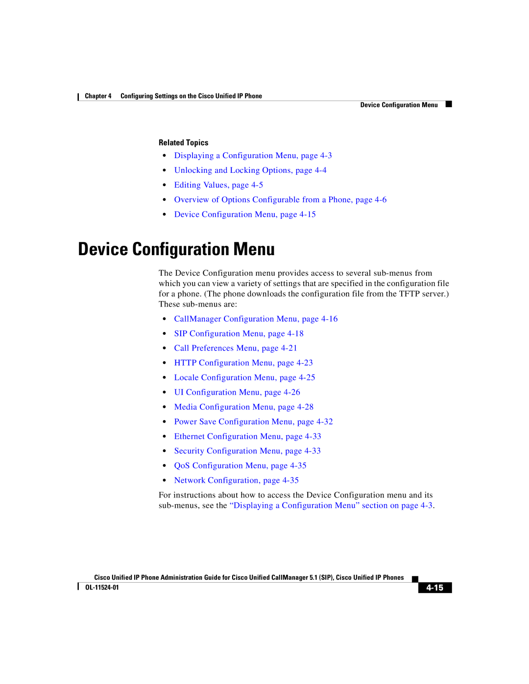 Cisco Systems 7970G manual Device Configuration Menu, Related Topics 