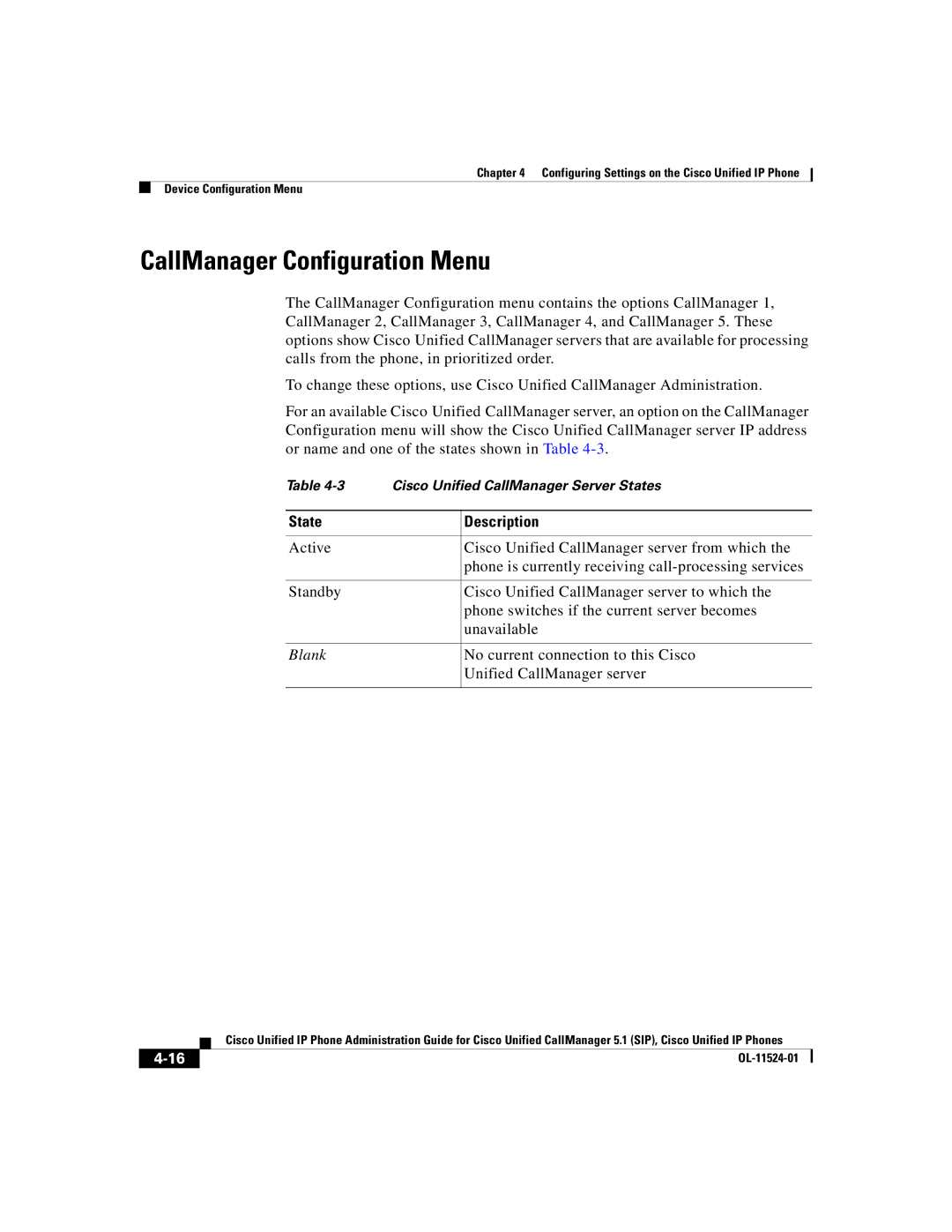 Cisco Systems 7970G manual CallManager Configuration Menu, State, Blank 