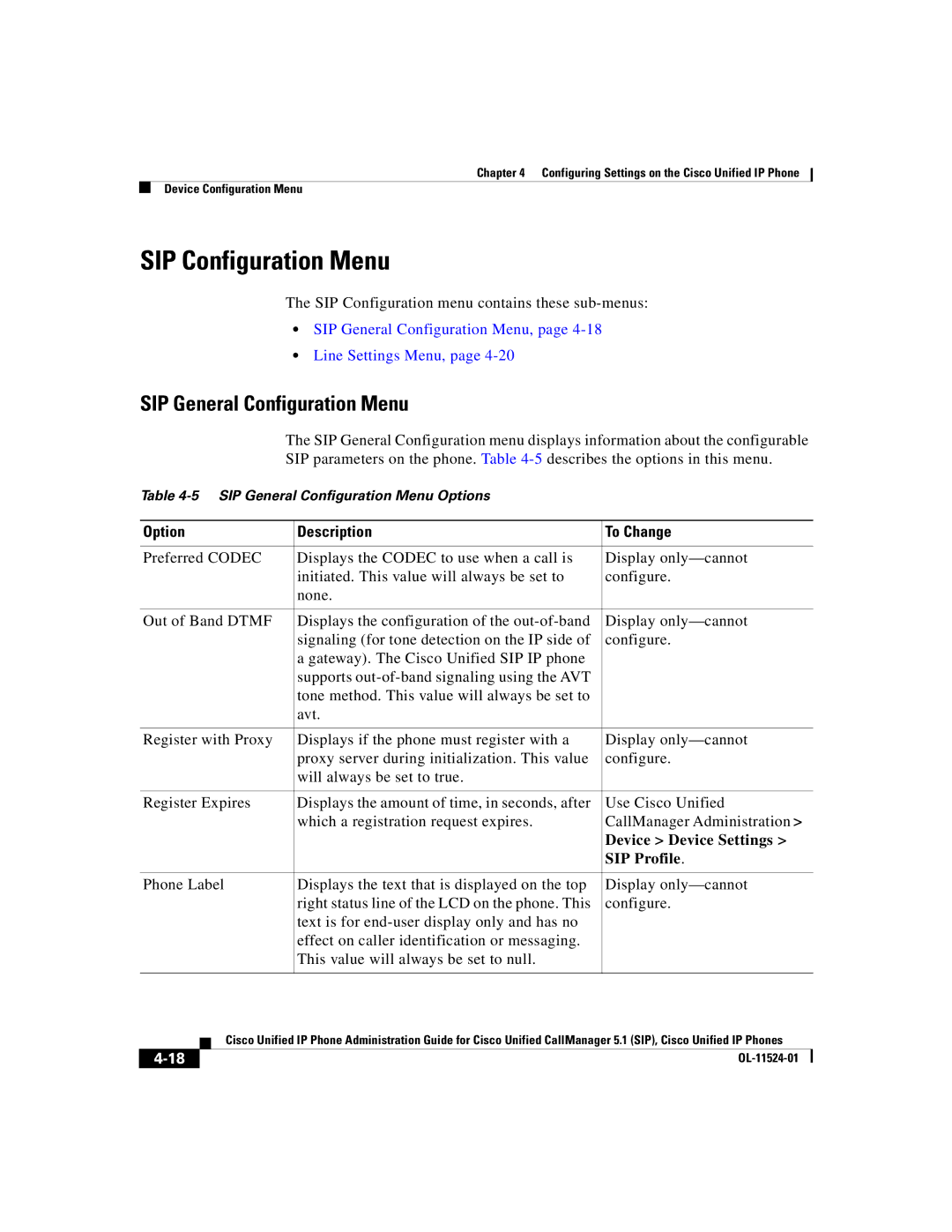 Cisco Systems 7970G SIP Configuration Menu, SIP General Configuration Menu, Line Settings Menu, Device Device Settings 