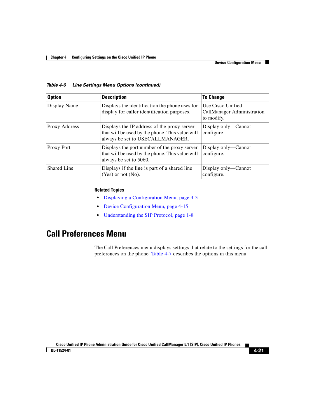 Cisco Systems 7970G manual Call Preferences Menu 