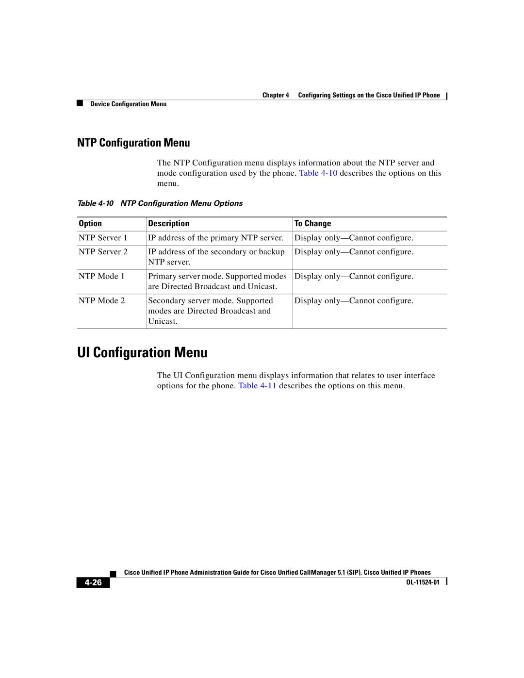 Cisco Systems 7970G manual UI Configuration Menu, NTP Configuration Menu 