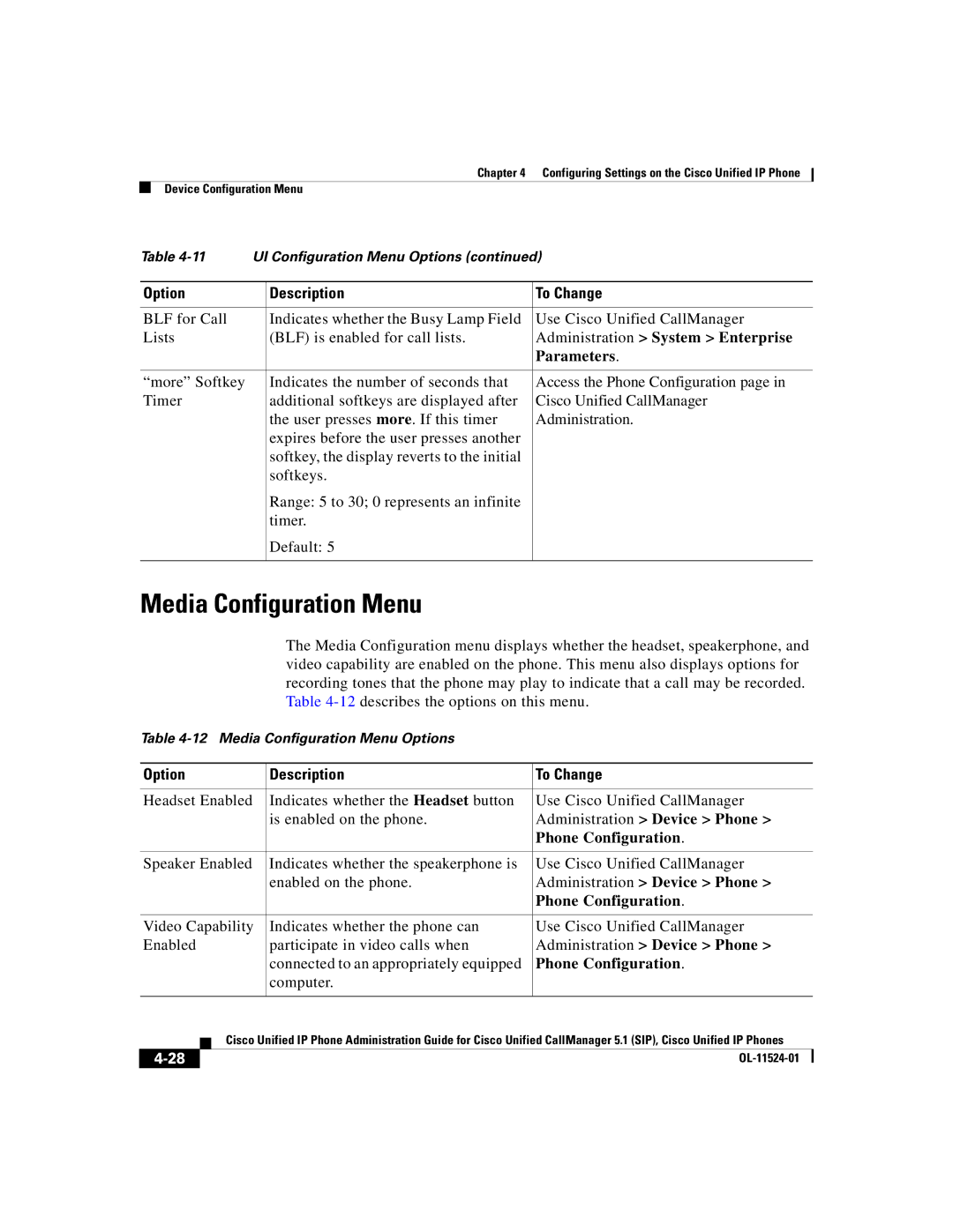 Cisco Systems 7970G manual Media Configuration Menu, Administration System Enterprise, Parameters 