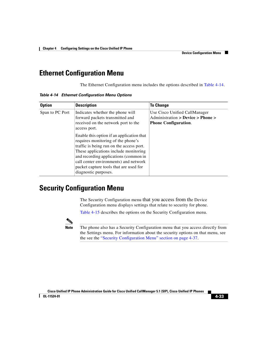 Cisco Systems 7970G manual Ethernet Configuration Menu, Security Configuration Menu 