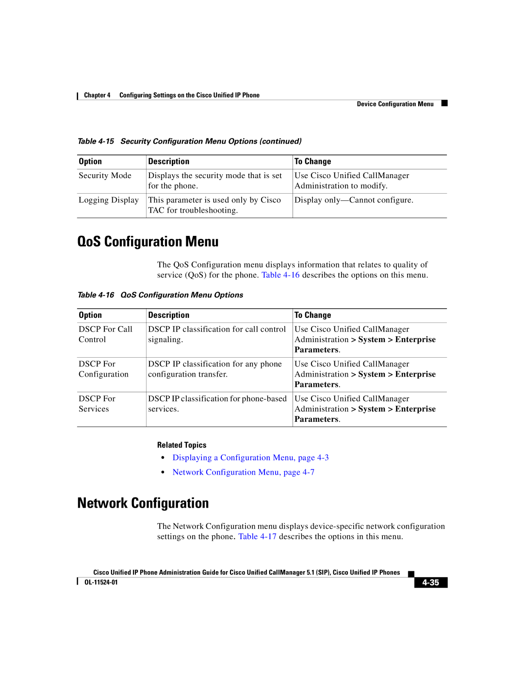 Cisco Systems 7970G manual QoS Configuration Menu, Network Configuration 