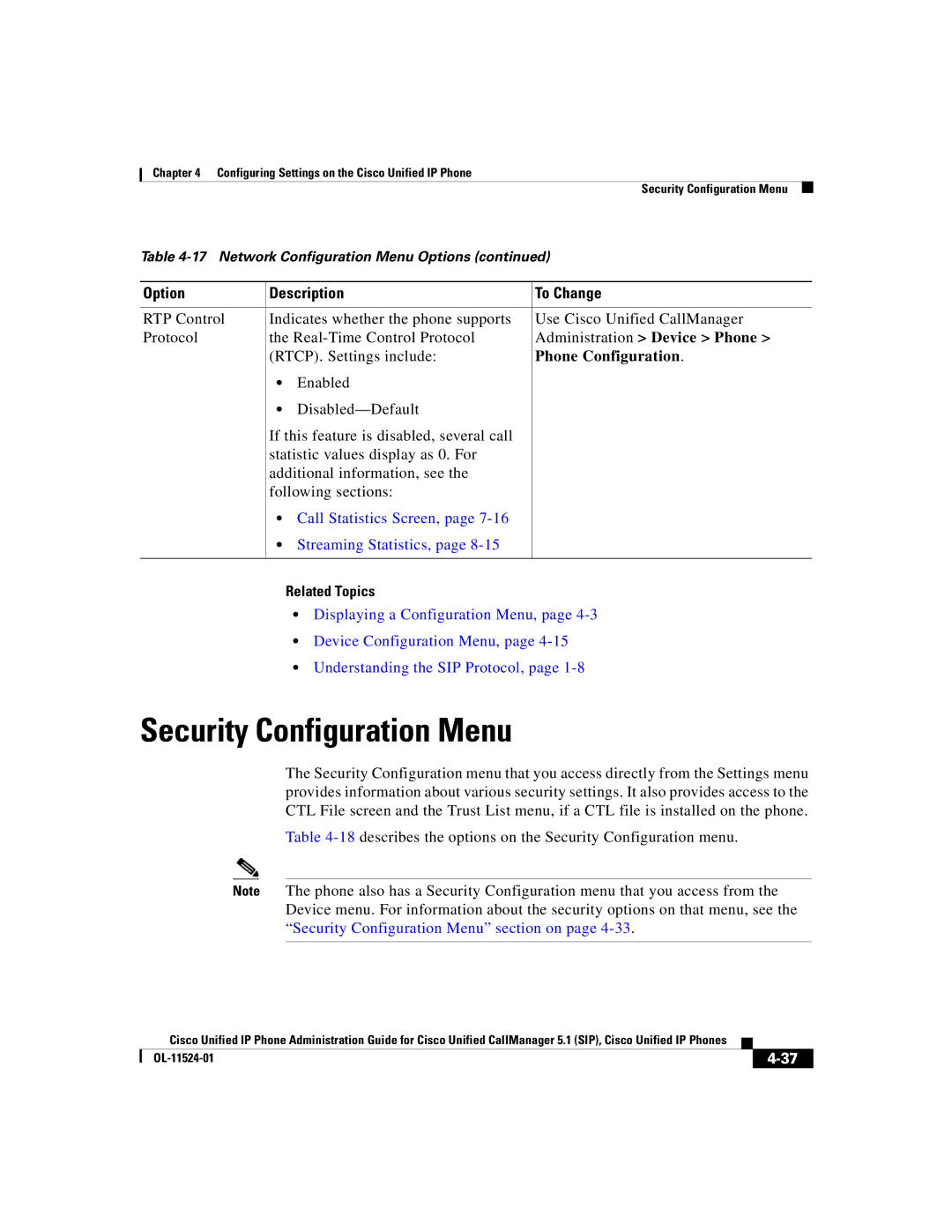 Cisco Systems 7970G manual Security Configuration Menu, Call Statistics Screen, Streaming Statistics 