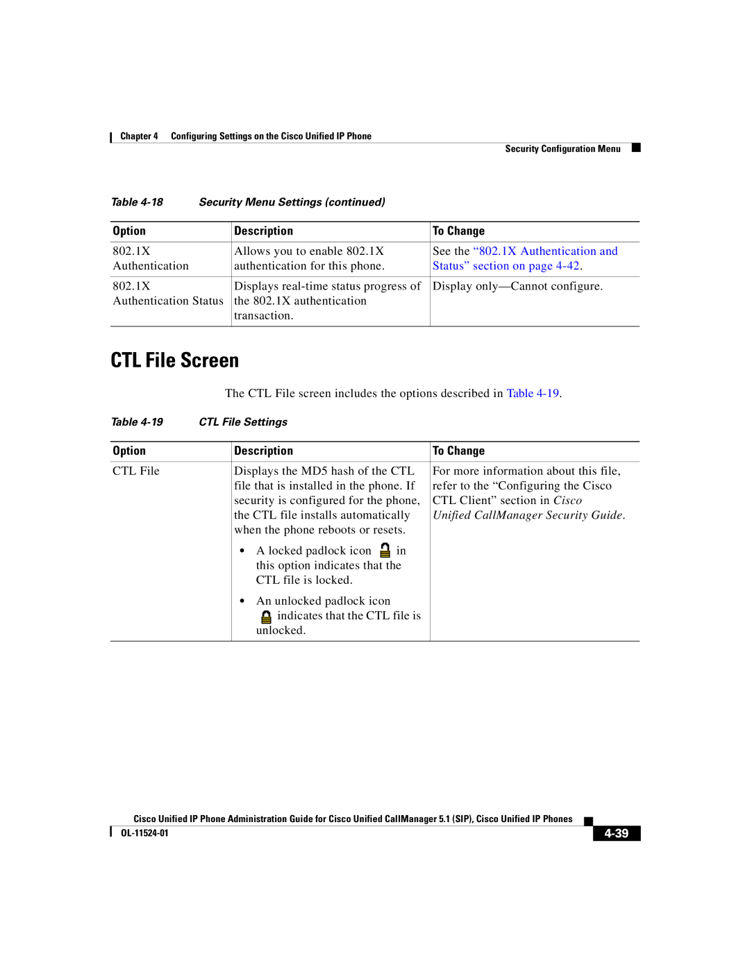 Cisco Systems 7970G manual CTL File Screen, See the 802.1X Authentication, Status section on 