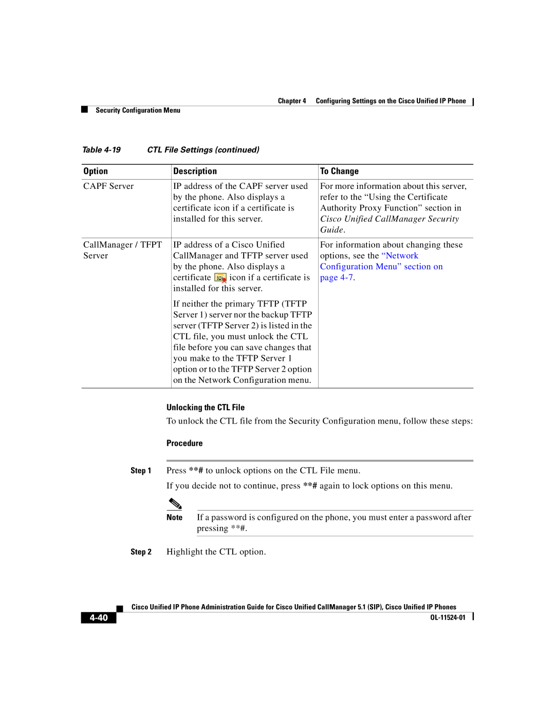 Cisco Systems 7970G manual Configuration Menu section on, Unlocking the CTL File 