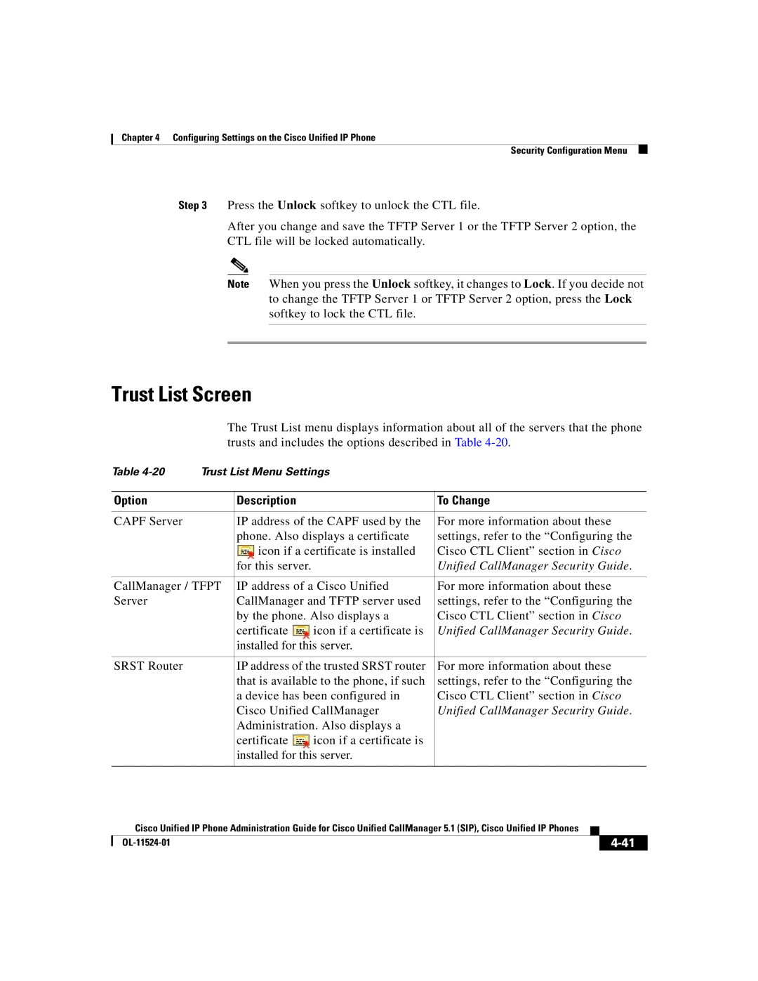 Cisco Systems 7970G manual Trust List Screen 