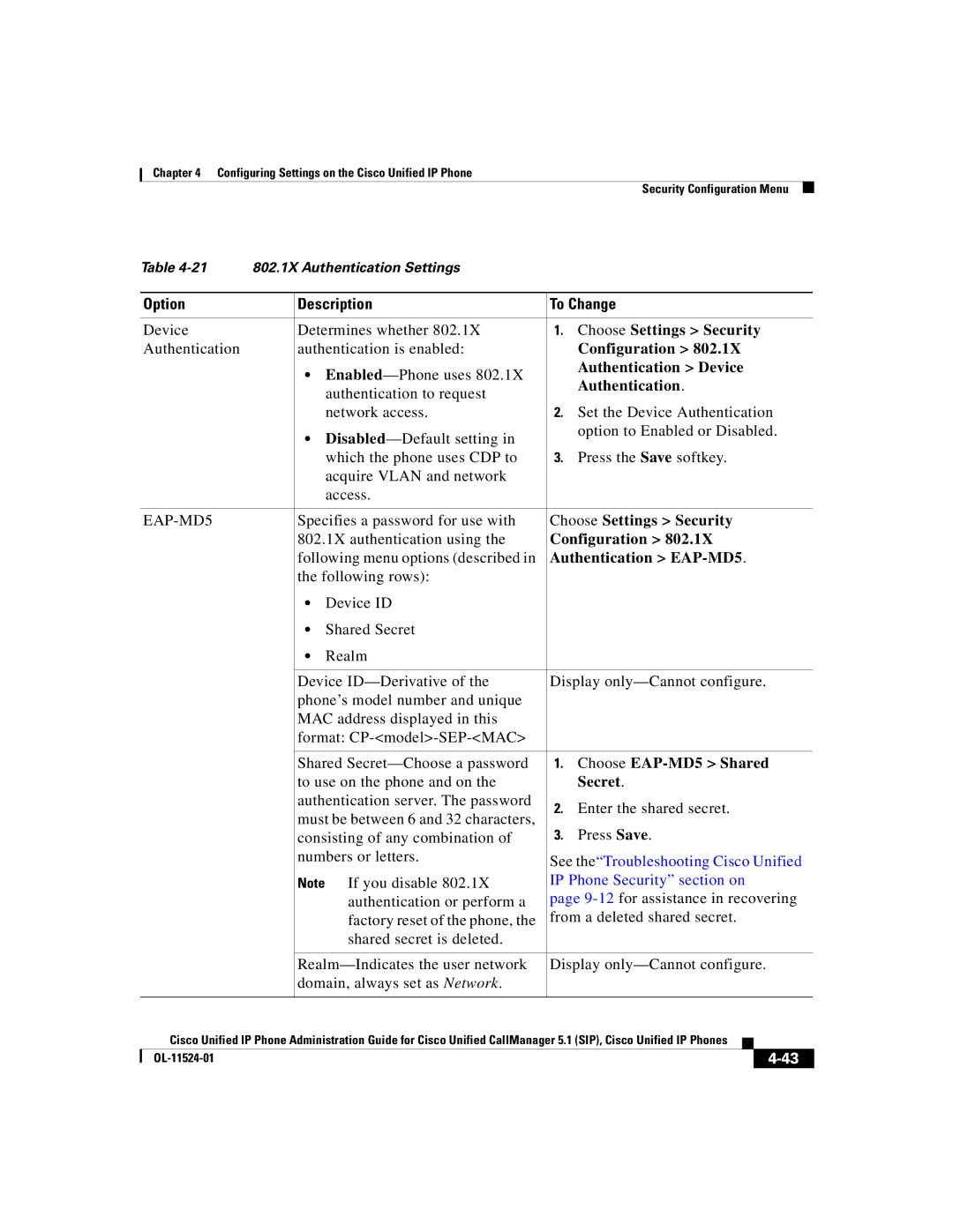 Cisco Systems 7970G manual Choose Settings Security, Configuration, Authentication Device, Authentication EAP-MD5, Secret 