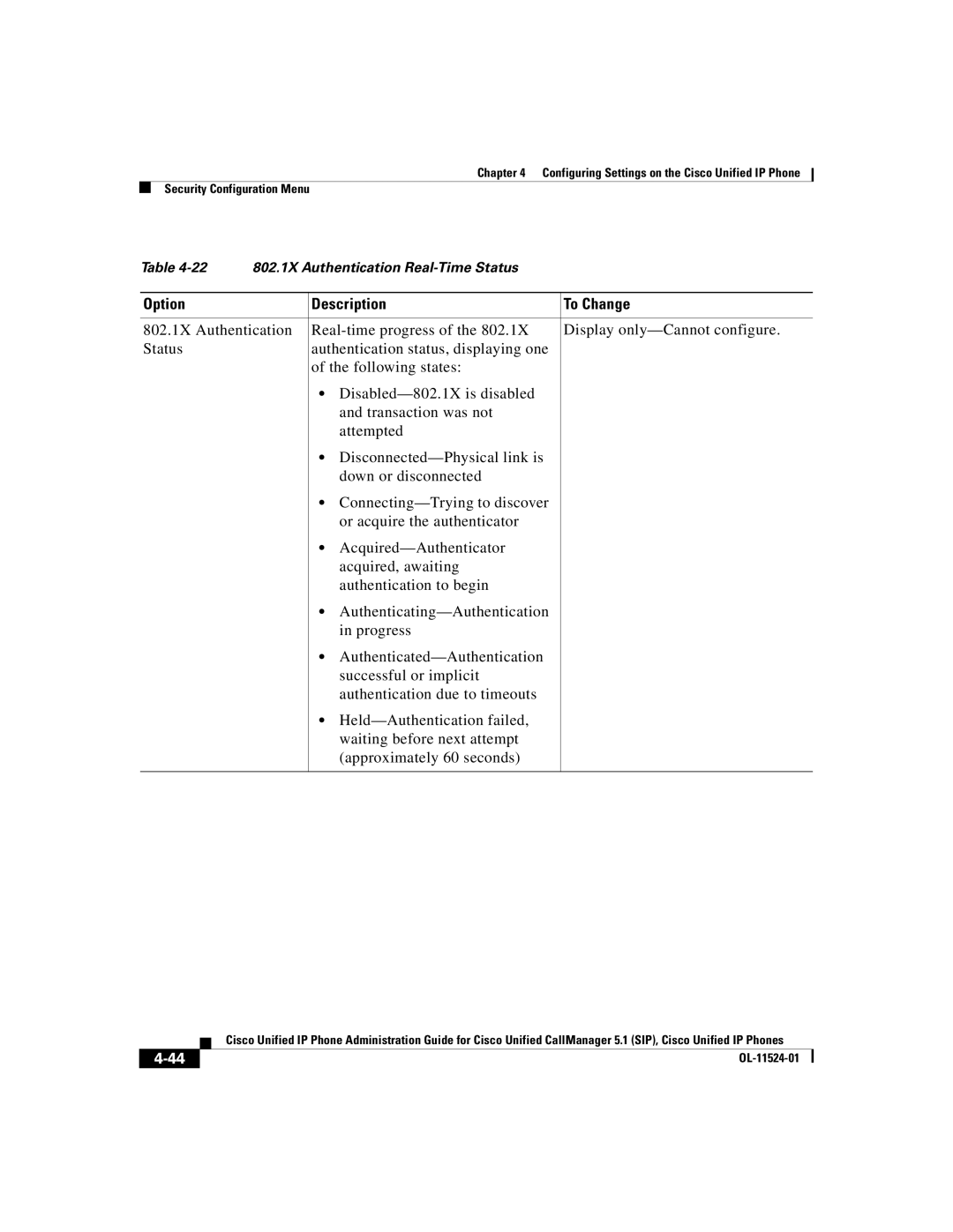 Cisco Systems 7970G manual 802.1X Authentication Real-Time Status 