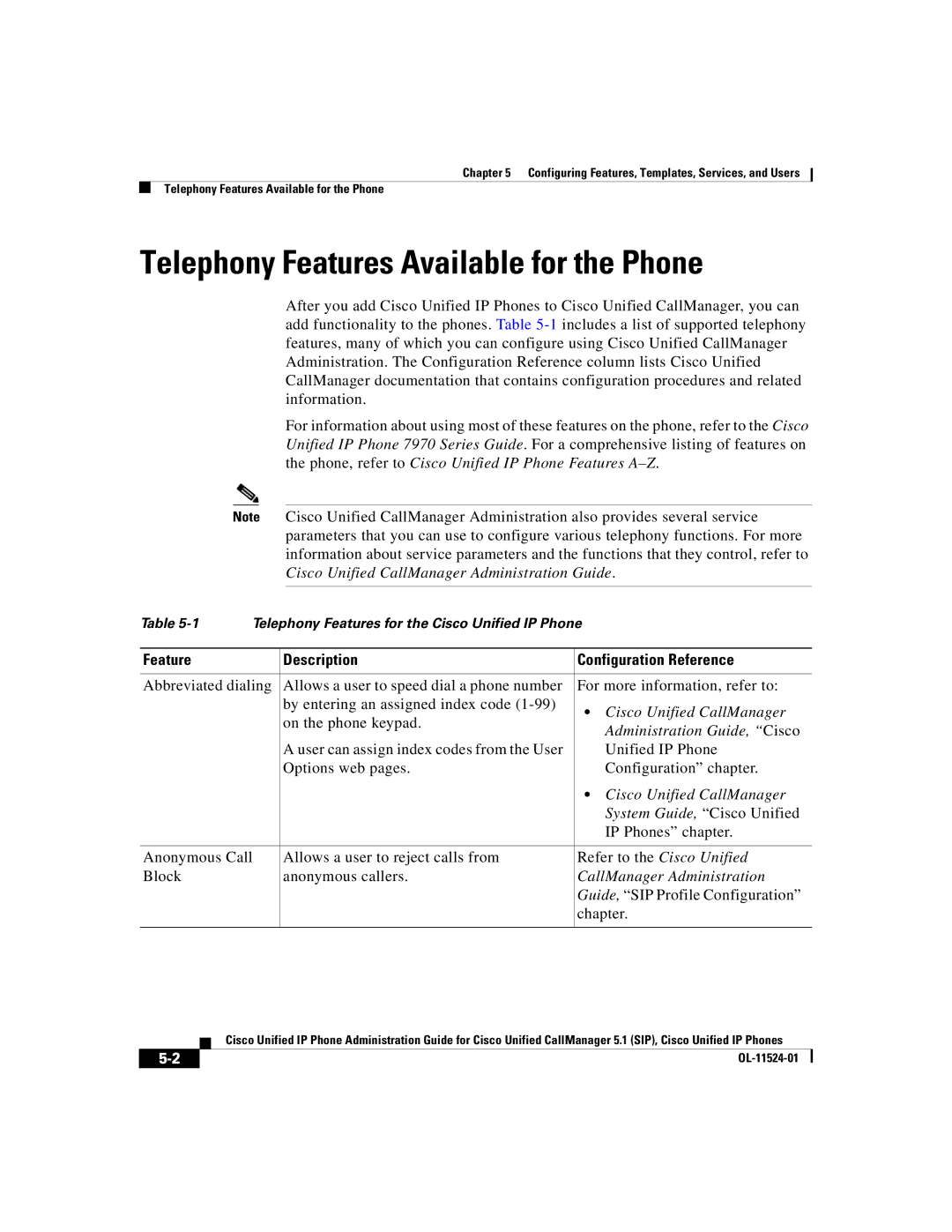 Cisco Systems 7970G manual Telephony Features Available for the Phone, Feature Description Configuration Reference 