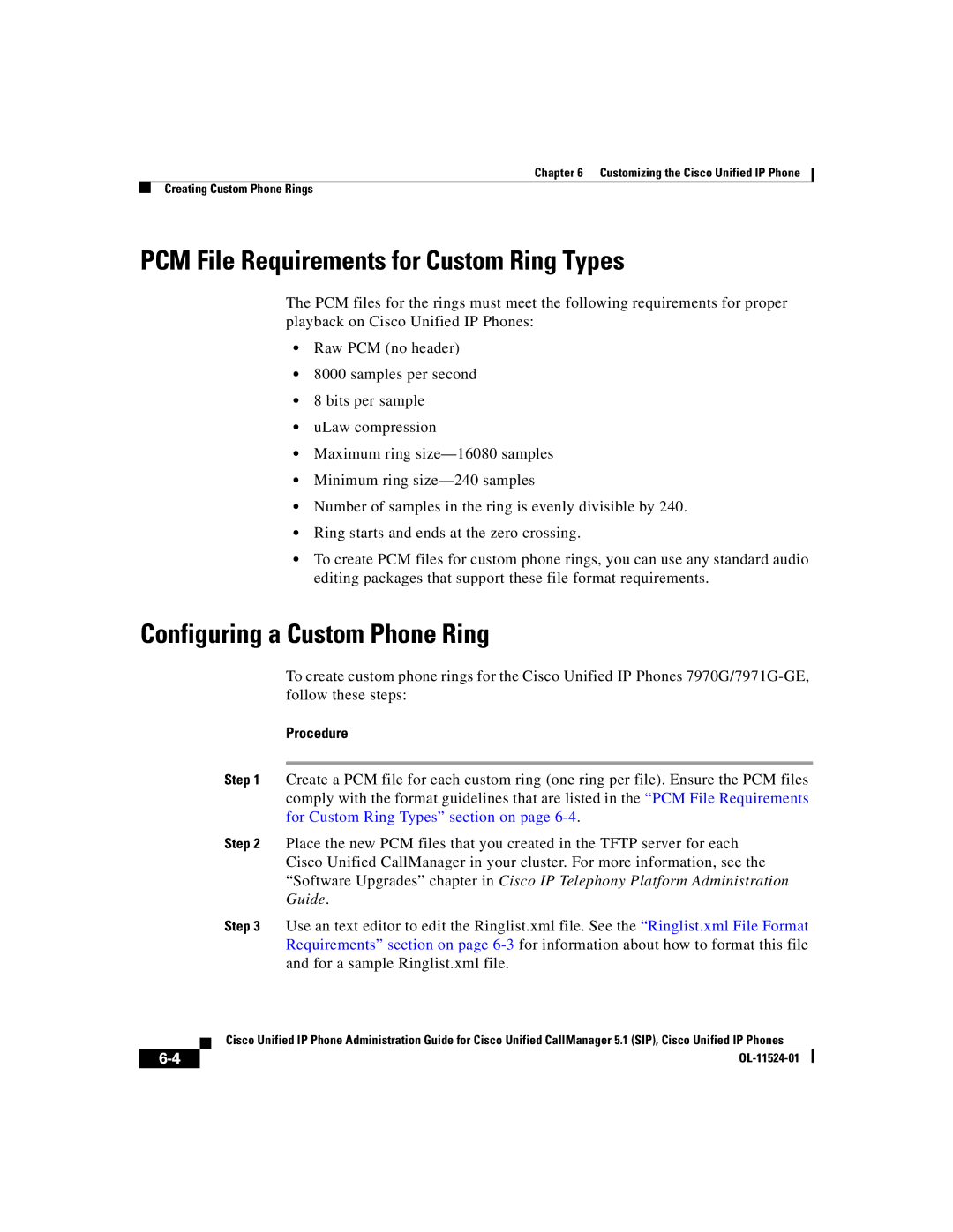 Cisco Systems 7970G manual PCM File Requirements for Custom Ring Types, Configuring a Custom Phone Ring 