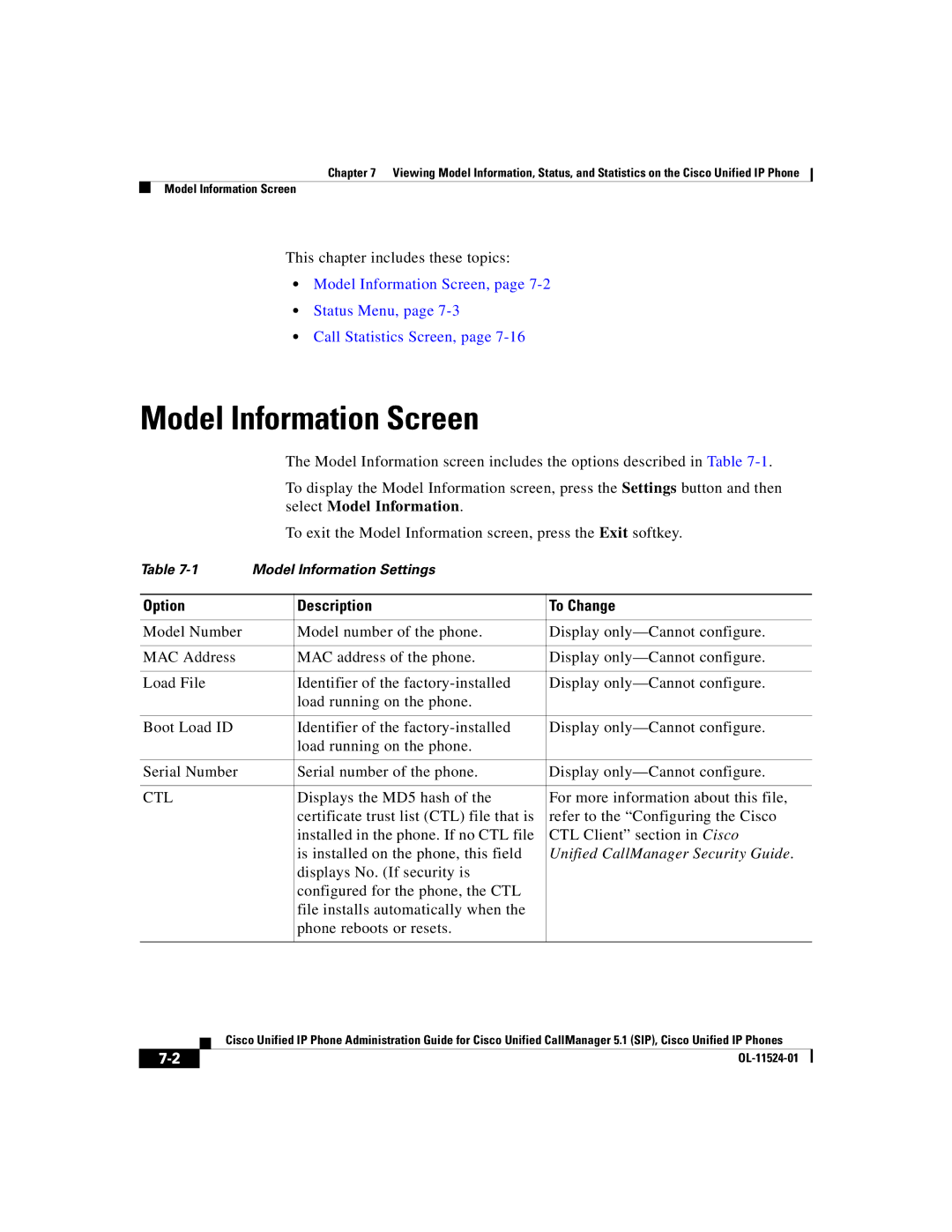 Cisco Systems 7970G manual Model Information Screen, Ctl 