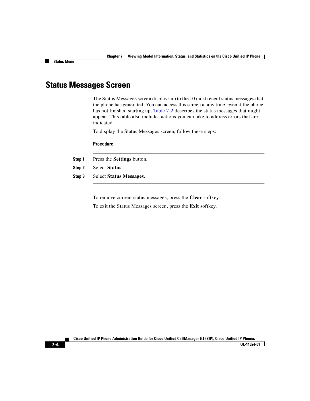 Cisco Systems 7970G manual Status Messages Screen, Select Status Messages 