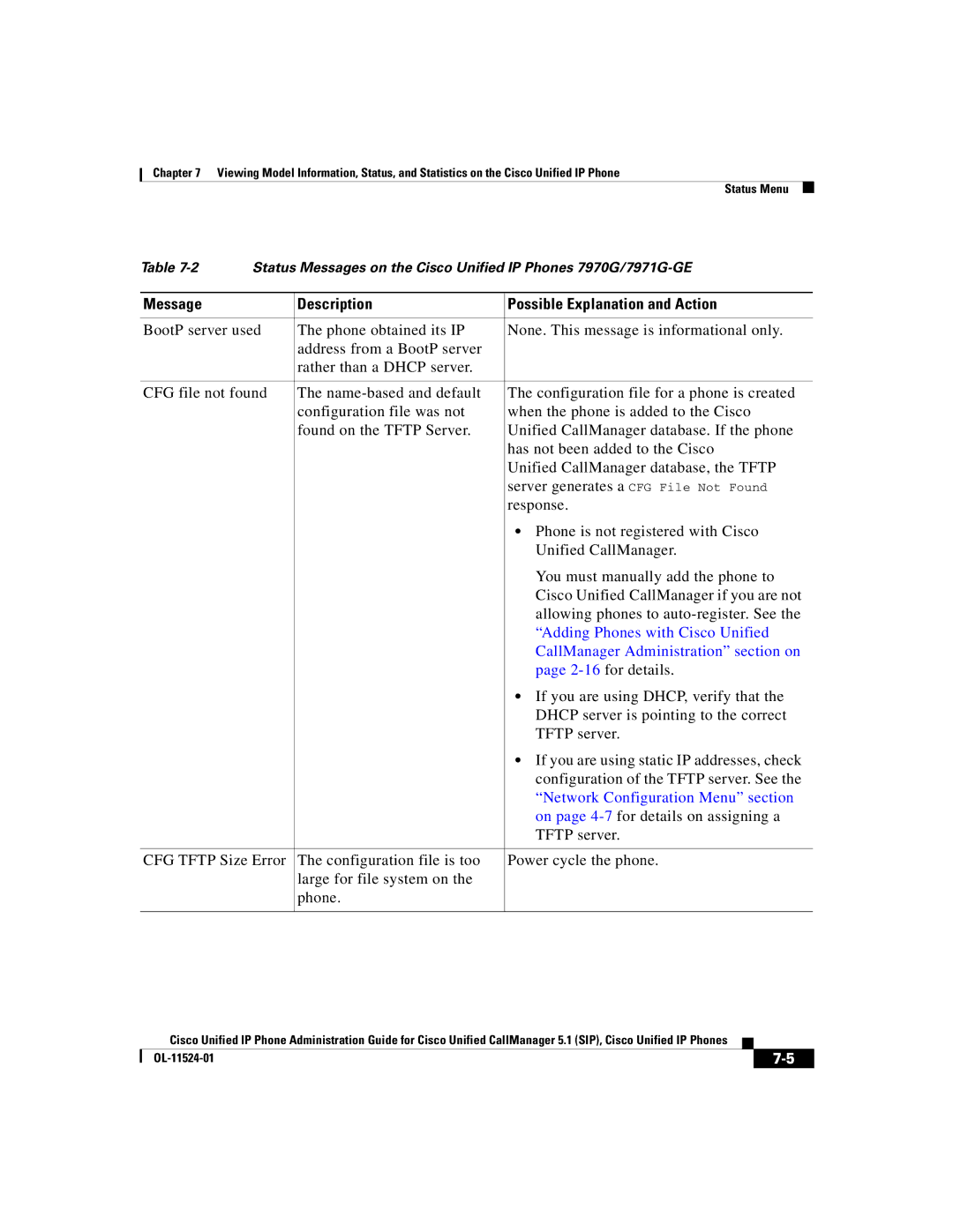 Cisco Systems 7970G manual Message Description Possible Explanation and Action, Adding Phones with Cisco Unified 