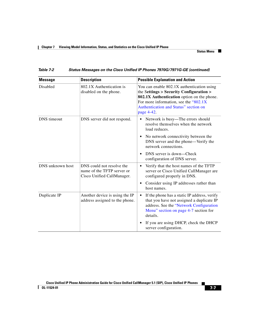 Cisco Systems 7970G manual Settings Security Configuration, 802.1X Authentication option on the phone 