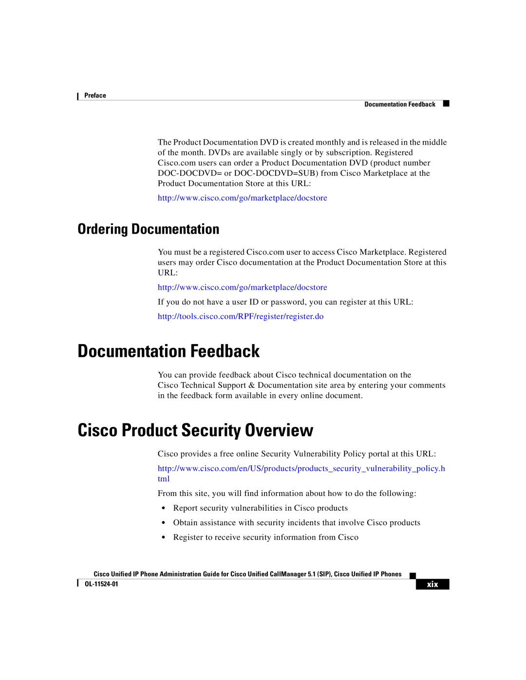 Cisco Systems 7970G manual Documentation Feedback, Cisco Product Security Overview, Ordering Documentation, Xix 