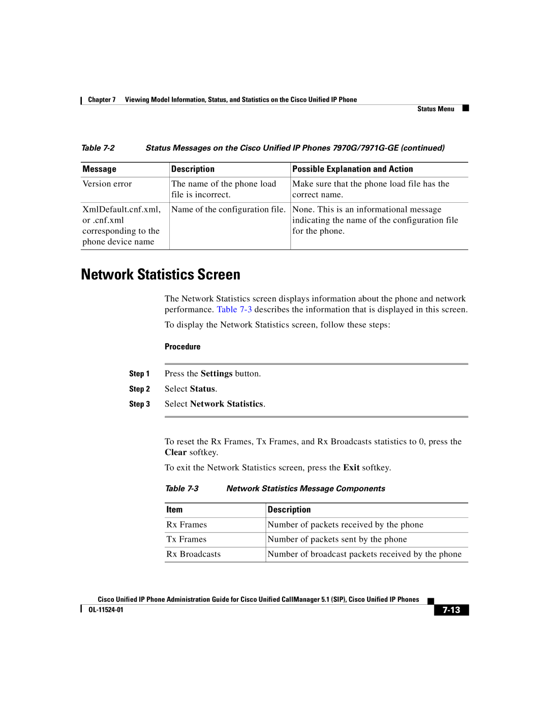 Cisco Systems 7970G manual Network Statistics Screen, Select Network Statistics 