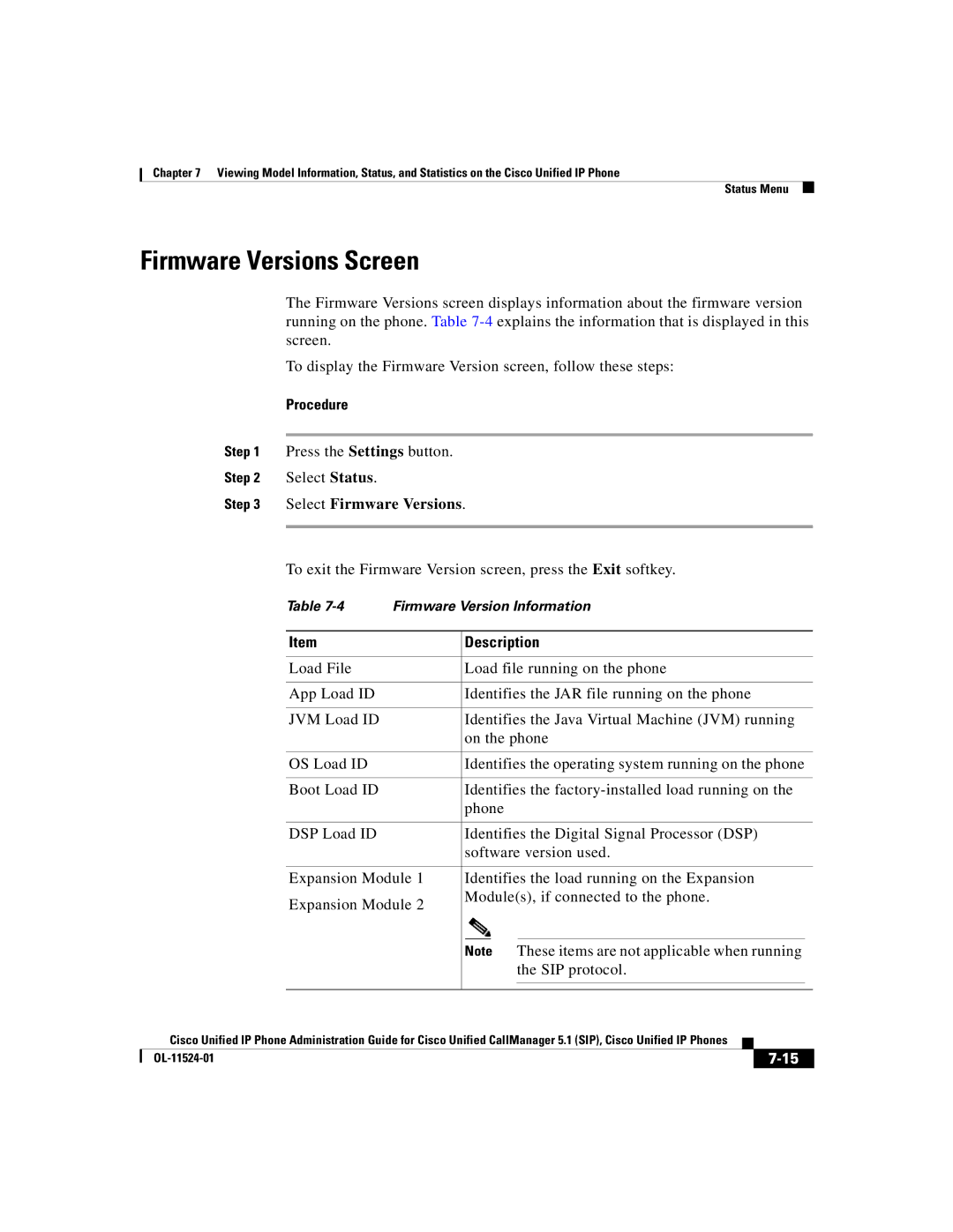 Cisco Systems 7970G manual Firmware Versions Screen, Select Firmware Versions 