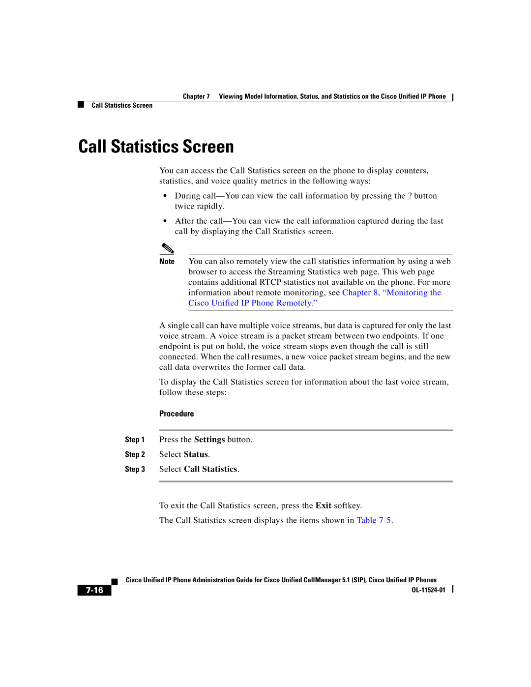 Cisco Systems 7970G manual Call Statistics Screen, Select Call Statistics 