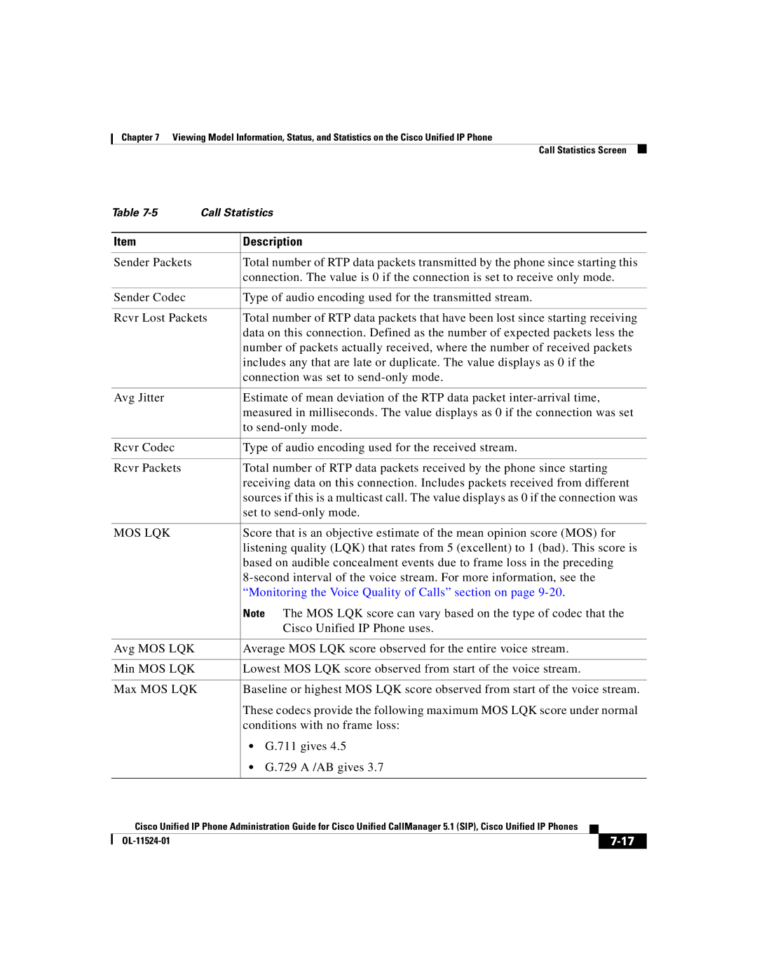 Cisco Systems 7970G manual Mos Lqk, Monitoring the Voice Quality of Calls section on 