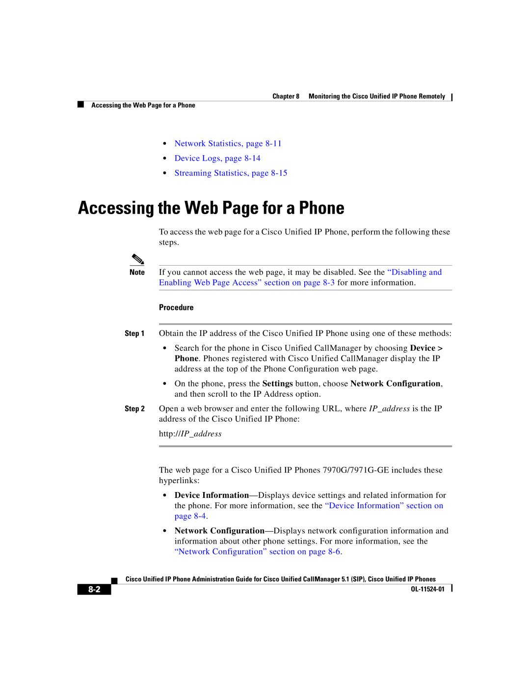 Cisco Systems 7970G manual Accessing the Web Page for a Phone, Network Statistics, Device Logs, Streaming Statistics 