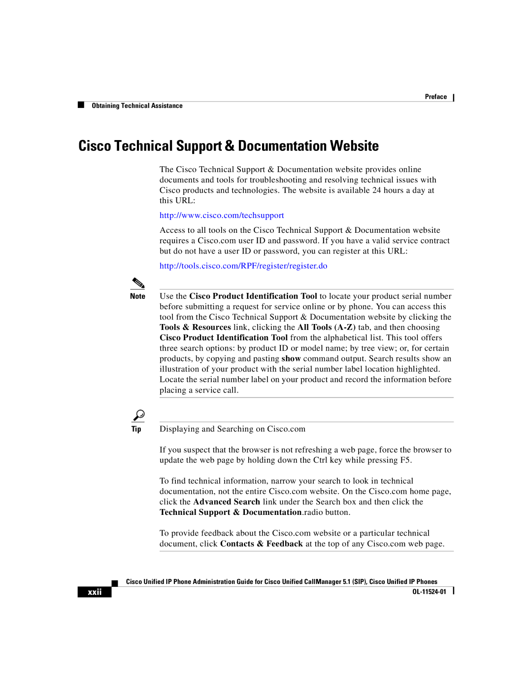 Cisco Systems 7970G manual Cisco Technical Support & Documentation Website, Xxii 