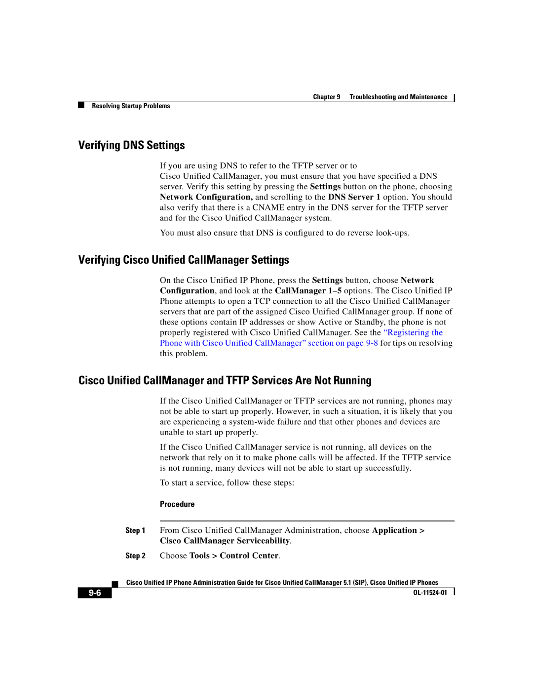 Cisco Systems 7970G manual Cisco CallManager Serviceability, Choose Tools Control Center 