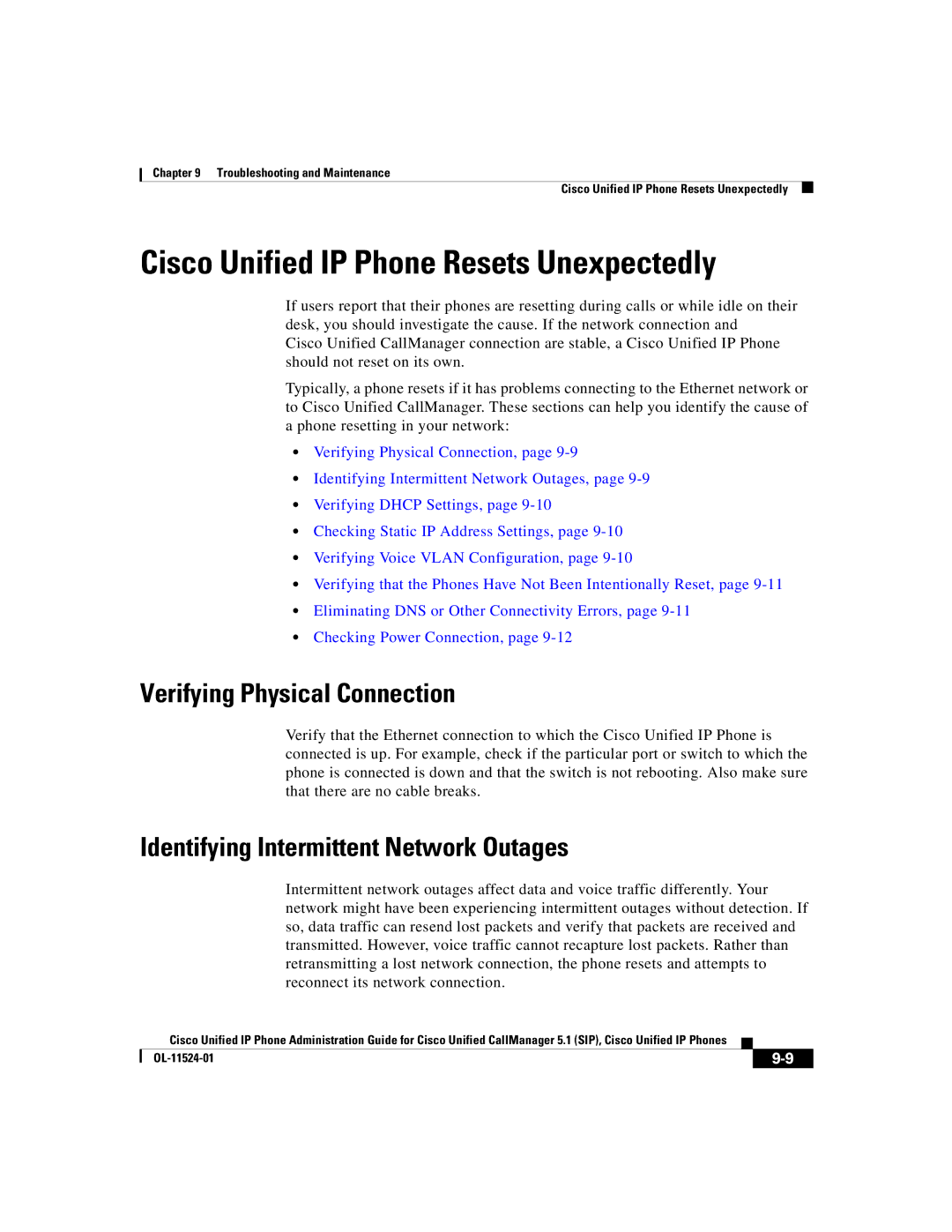 Cisco Systems 7970G manual Cisco Unified IP Phone Resets Unexpectedly, Verifying Physical Connection 