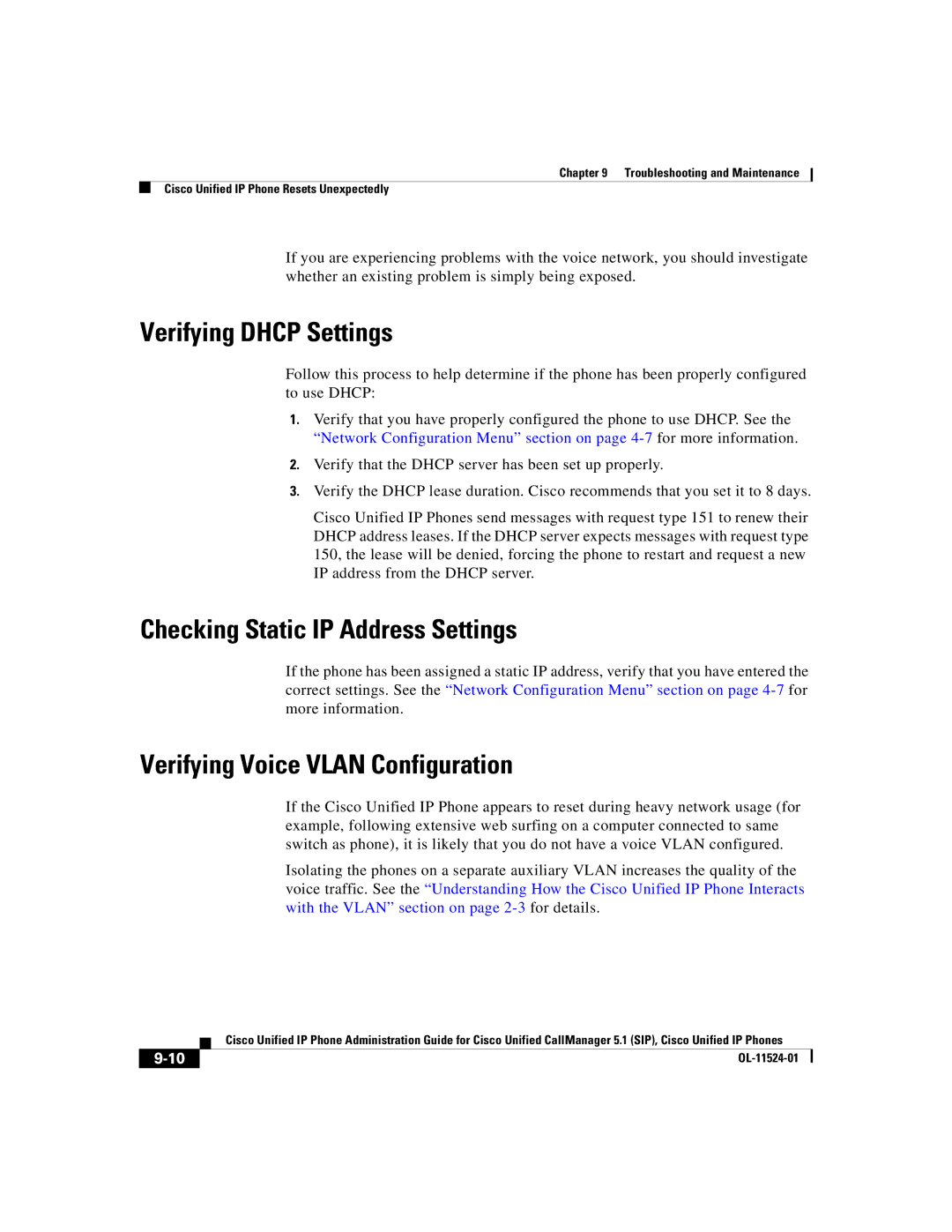 Cisco Systems 7970G manual Verifying Dhcp Settings, Checking Static IP Address Settings, Verifying Voice Vlan Configuration 