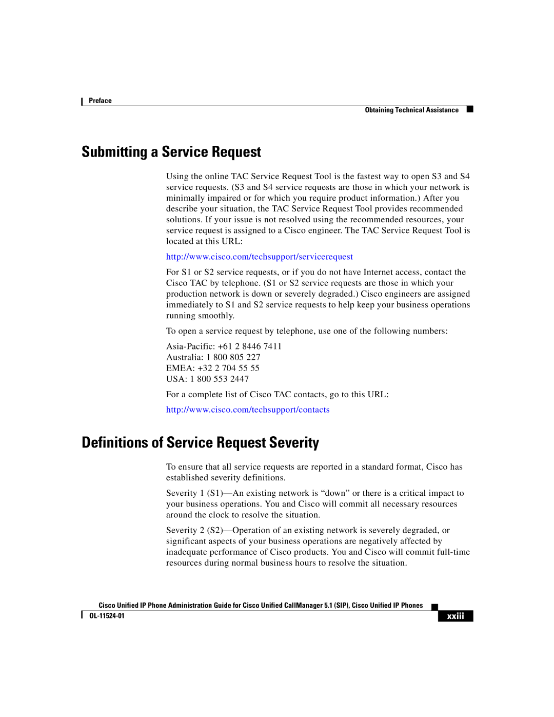 Cisco Systems 7970G manual Submitting a Service Request, Definitions of Service Request Severity, Xxiii 