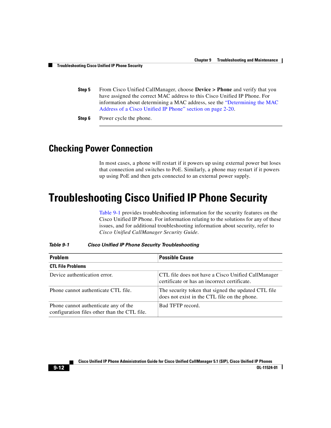 Cisco Systems 7970G manual Checking Power Connection, Problem Possible Cause 