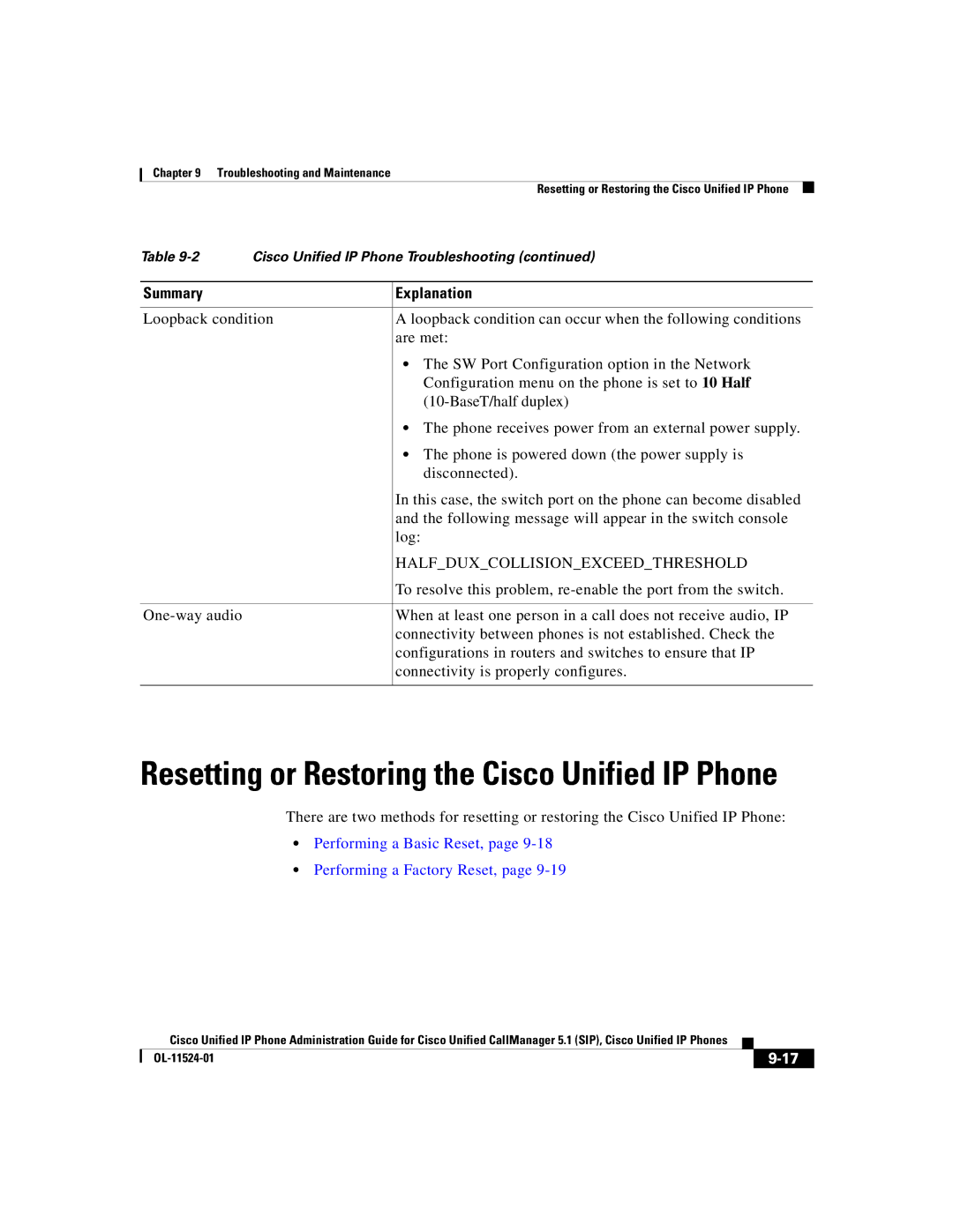 Cisco Systems 7970G manual Halfduxcollisionexceedthreshold, Performing a Basic Reset, Performing a Factory Reset 