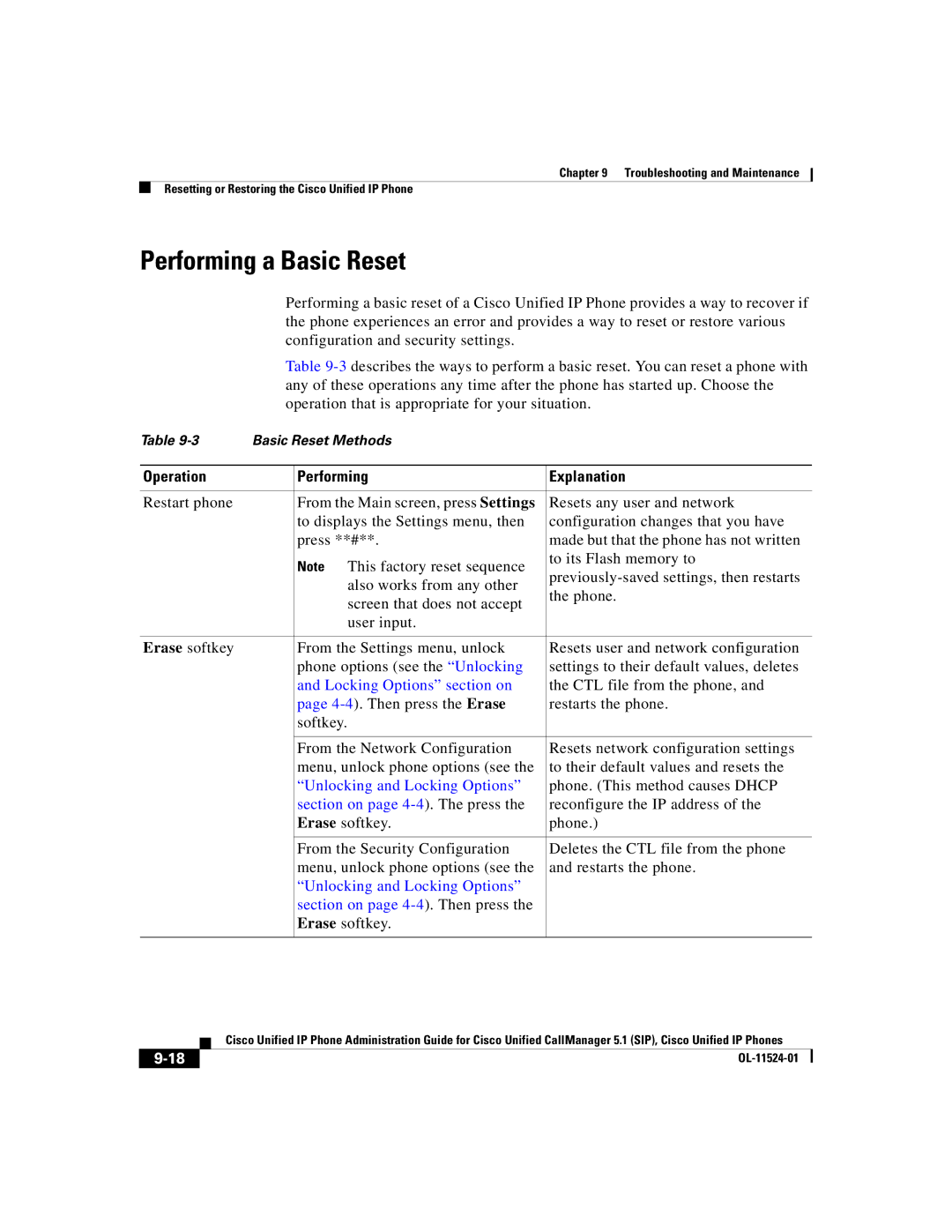 Cisco Systems 7970G manual Performing a Basic Reset, Operation Performing Explanation, Locking Options section on 