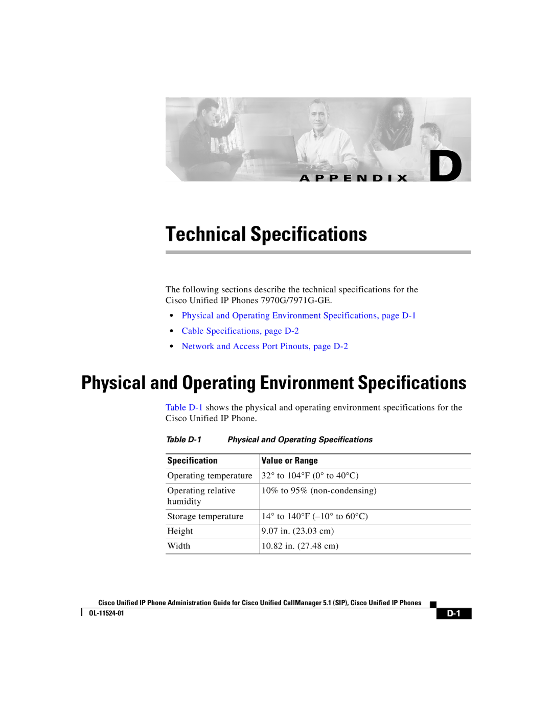 Cisco Systems 7970G manual Technical Specifications, Specification Value or Range 