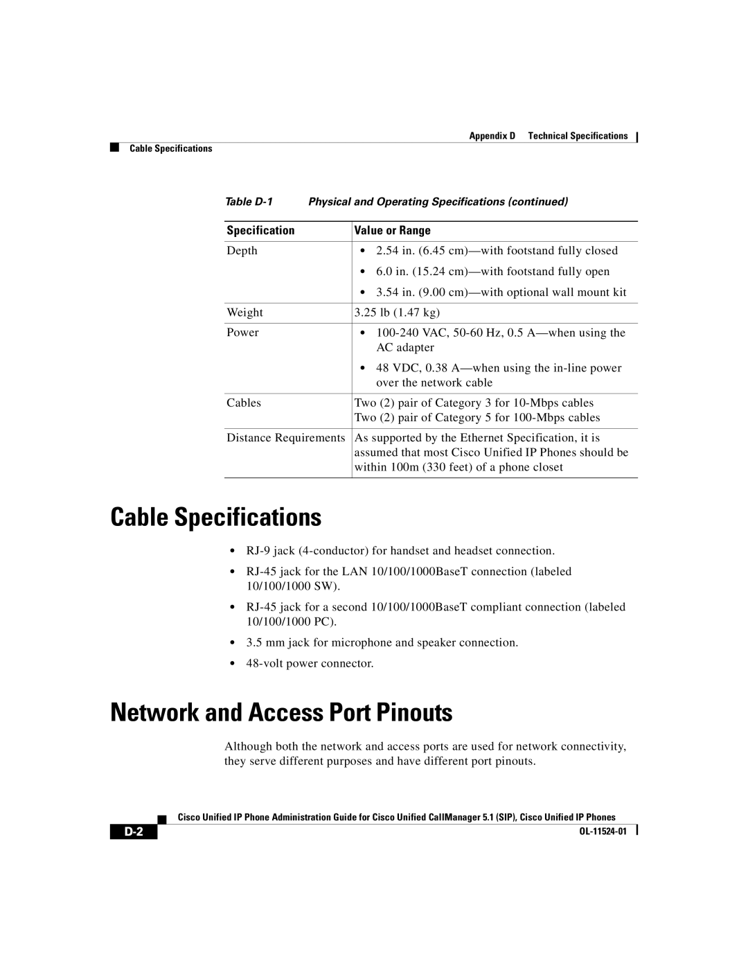 Cisco Systems 7970G manual Cable Specifications, Network and Access Port Pinouts 