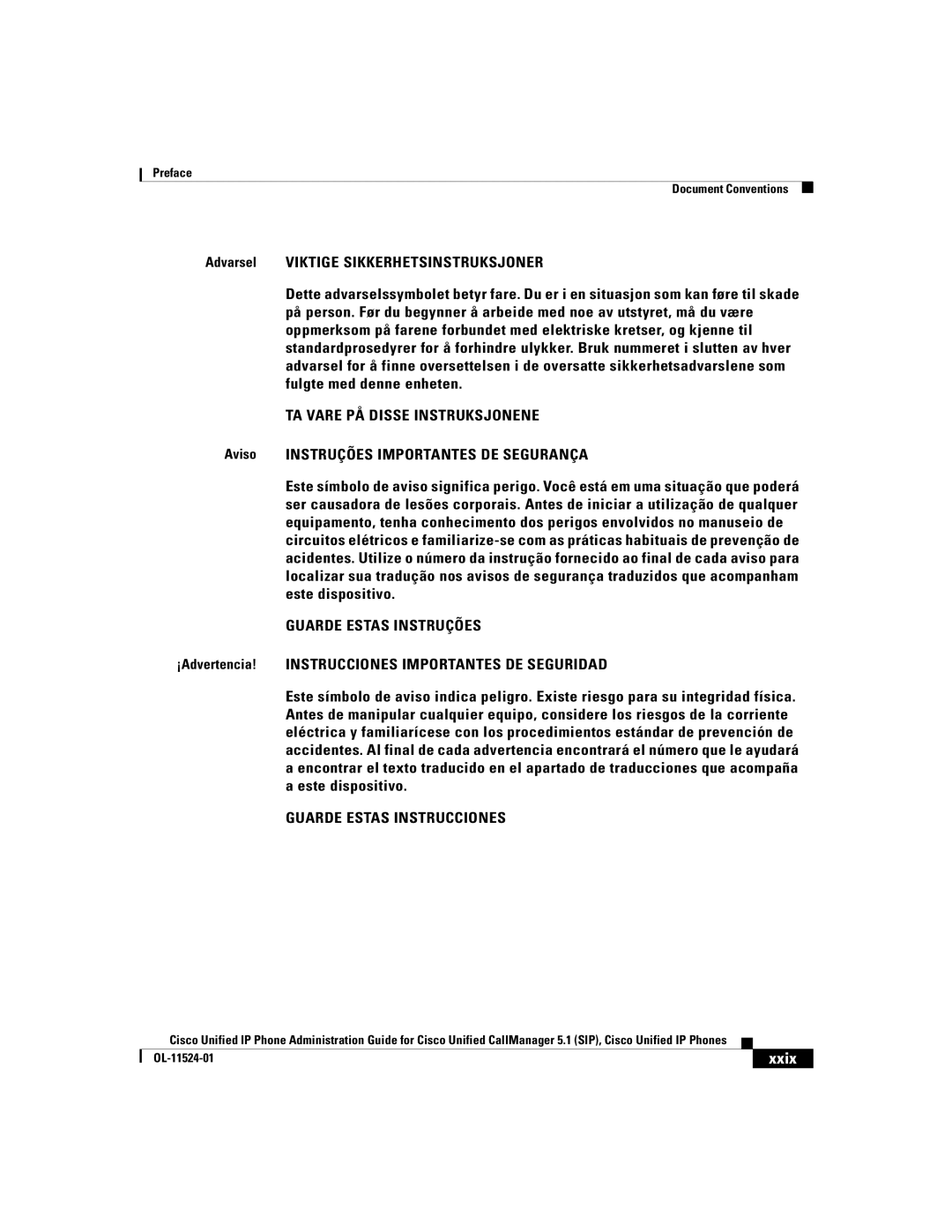 Cisco Systems 7970G manual Aviso Instruções Importantes DE Segurança, Xxix 