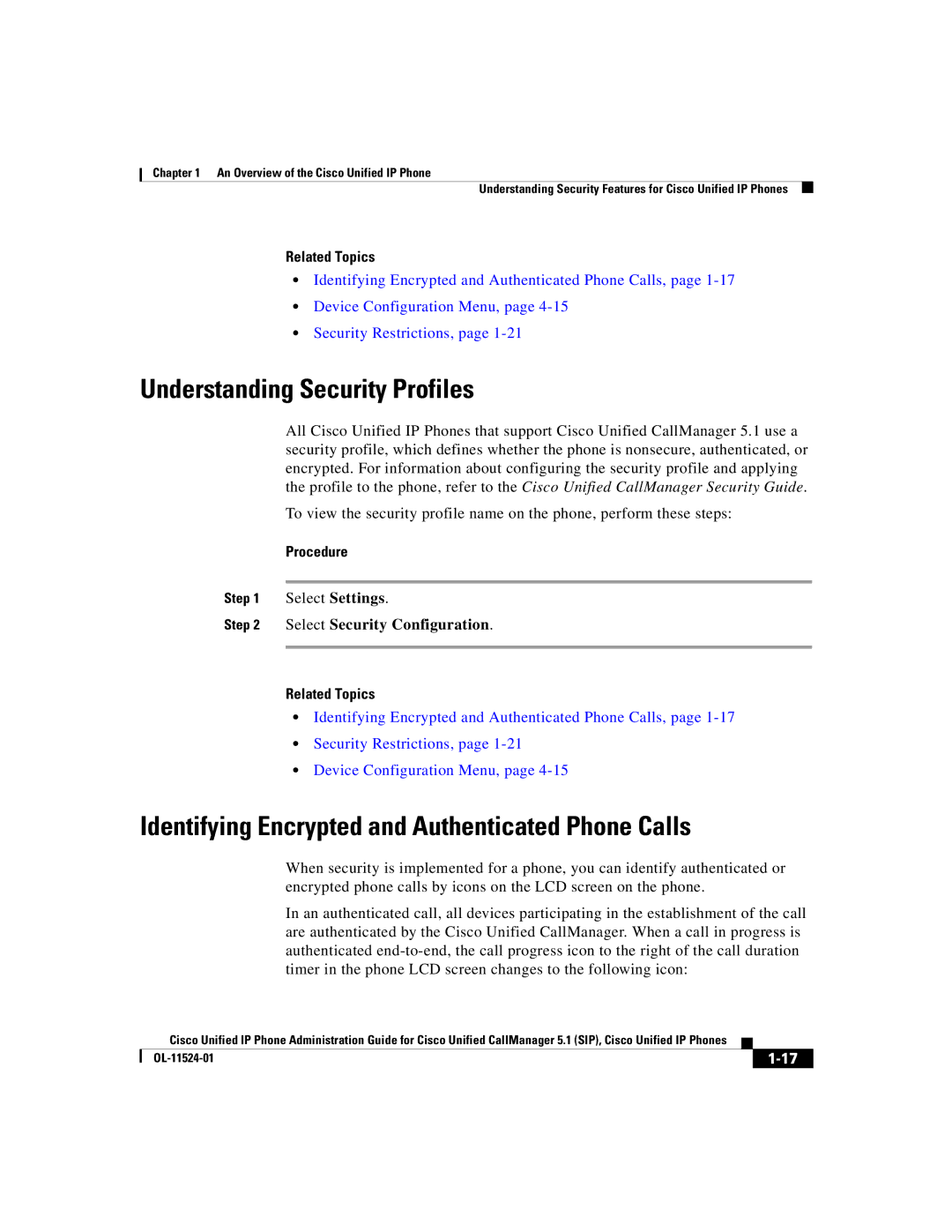 Cisco Systems 7970G manual Understanding Security Profiles, Identifying Encrypted and Authenticated Phone Calls, Procedure 