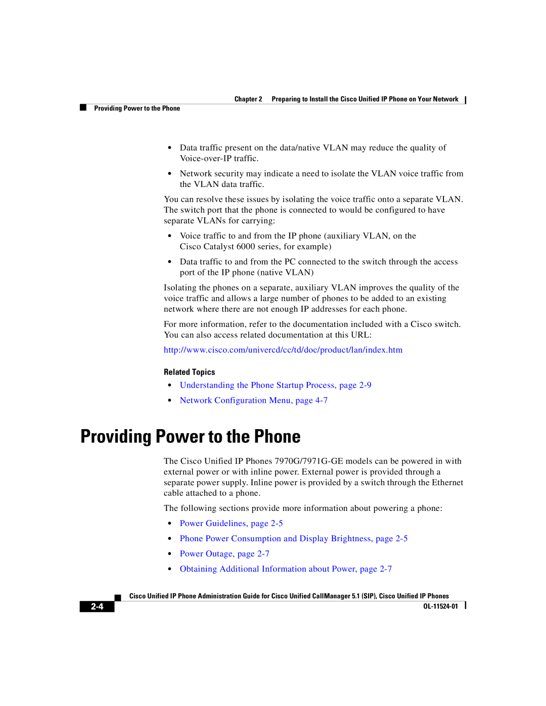 Cisco Systems 7970G manual Providing Power to the Phone, Related Topics 