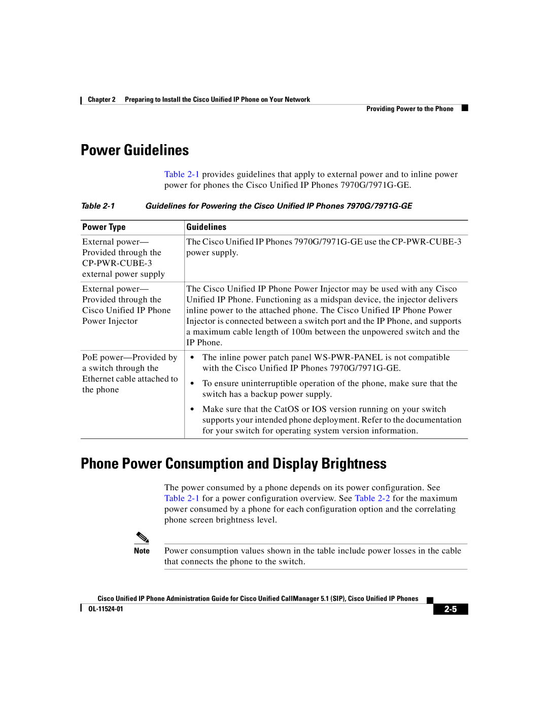 Cisco Systems 7970G manual Power Guidelines, Phone Power Consumption and Display Brightness, Power Type Guidelines 