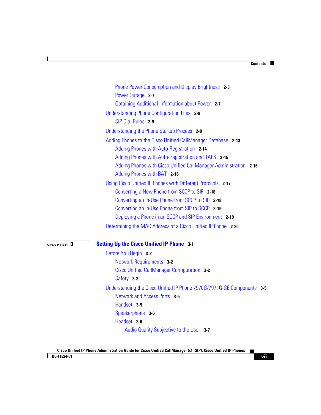 Cisco Systems 7970G manual Adding Phones with Cisco Unified CallManager Administration, Vii 