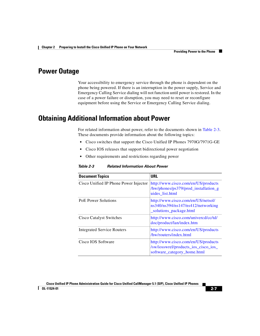 Cisco Systems 7970G manual Power Outage, Obtaining Additional Information about Power 